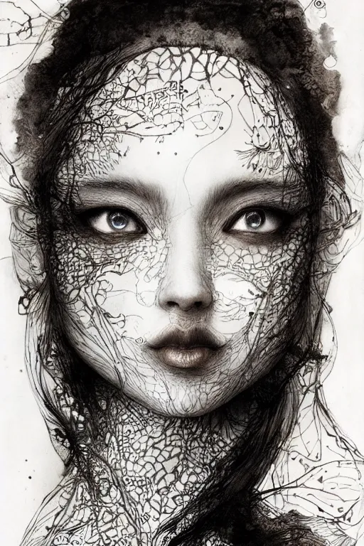 Image similar to Her skin was made of poetry that my fingers couldn't wait to read, pen and ink, intricate line drawings, by Yoshitaka Amano, Ruan Jia, Kentaro Miura, Artgerm, watercolor