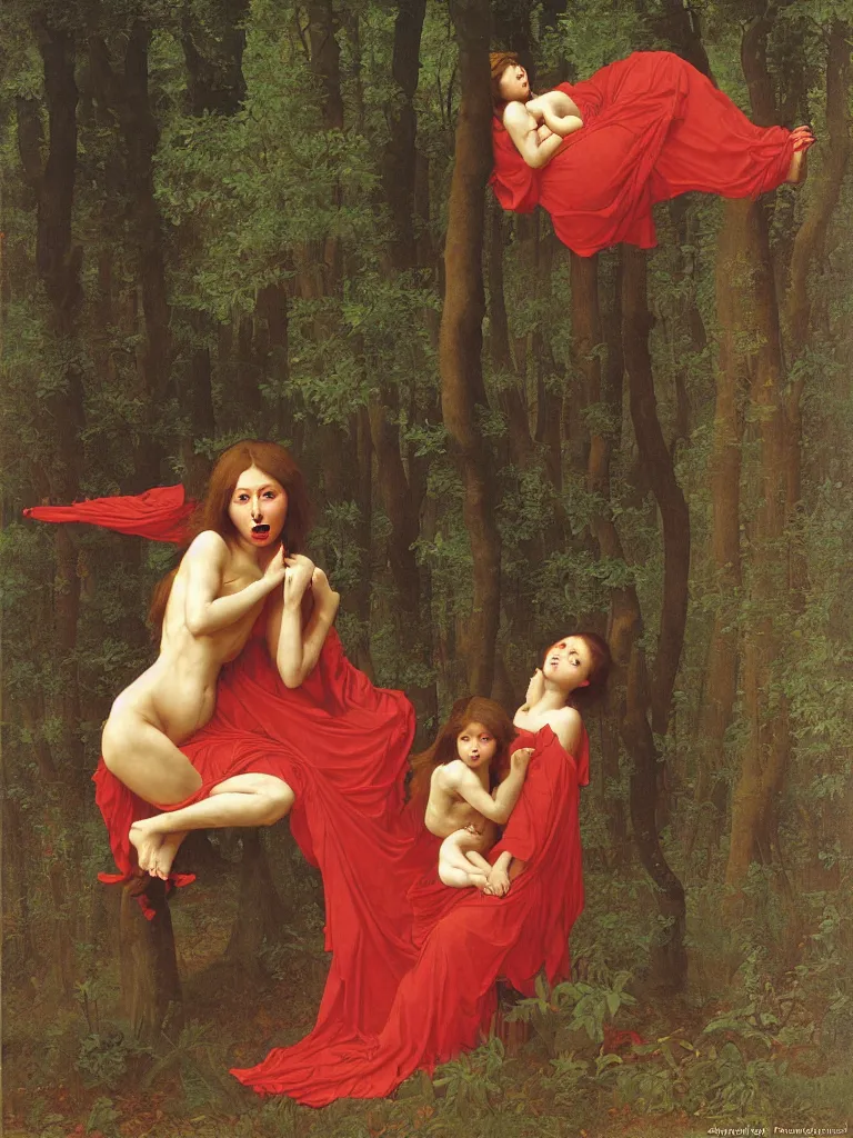 Prompt: red demon from hell is crying in the forest, by bouguereau and by andrey remnev