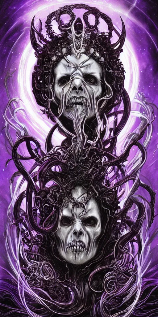 Image similar to intense glowing angry black metal pagan god with horns and tentacles and intense glowing eyes and a skull in very dark cosmic space by karol bak and artgerm and alphonse mucha, portrait, fantasy, clear, light beams, lens flare, intense, uhd, amazing depth, cinematic lighting, purple and violet and indigo and blue