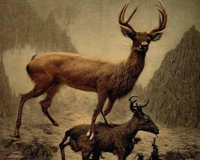 Prompt: Lama, Deer, Dog, Horse combined; fantastic sick damned mutant beast inflated-skin by Beksinski, Arthur Rackham, Eugene de Blaas, Dariusz Zawadzki, Wayne Barlowe