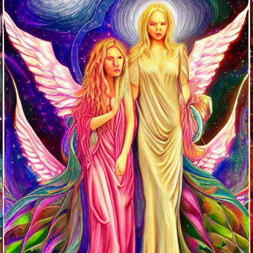 Prompt: a painting of two women standing in front of an angel, digital art by Amanda Sage, deviantart, psychedelic art, mystical, sense of awe, lovecraftian