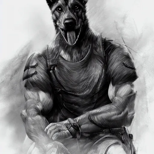 Image similar to a wounded humanoid german shepherd beast - man in military style, sitting on the bed, highly detailed portrait, digital painting, artstation, concept art, smooth, sharp foccus ilustration, artstation