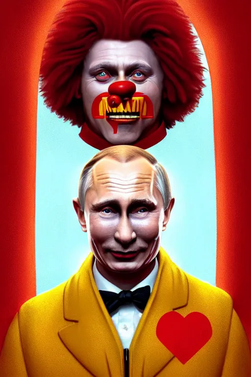 Image similar to vladimir putin as ronald mcdonald, 2 d portrait, symmetrical, highly detailed, digital painting, artstation, concept art, smooth, sharp focus, illustration, cinematic lighting, art by artgerm and greg rutkowski and alphonse mucha