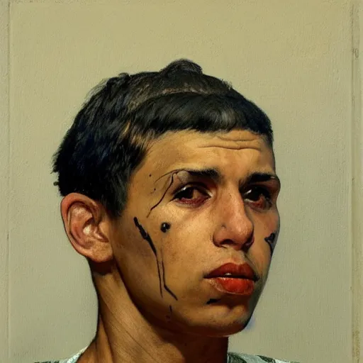 Prompt: A Frontal portrait of an MS-13 gang member as a prisoner awaiting sentancing. A painting by Norman Rockwell.