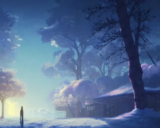 Prompt: scenery artwork, scene beautiful, light!! light essential calm and cozy winter world snow and night, surrealism oil on canvas, artstation!! pixiv!! dream scenery, quality studio ghibli projection render, nier automata concept art, vaporwave textures