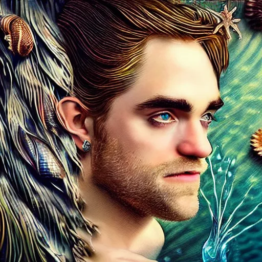 Image similar to “ robert pattison portrait, fantasy, mermaid, hyperrealistic, highly detailed, cinematic lighting, pearls, glowing hair, shells, gills, crown, water, highlights, starfish, jewelry, realistic, digital art, pastel, magic, fiction, ocean, game, king, colorful hair, sparkly eyes, fish, romantic, god, waves, bubbles ”