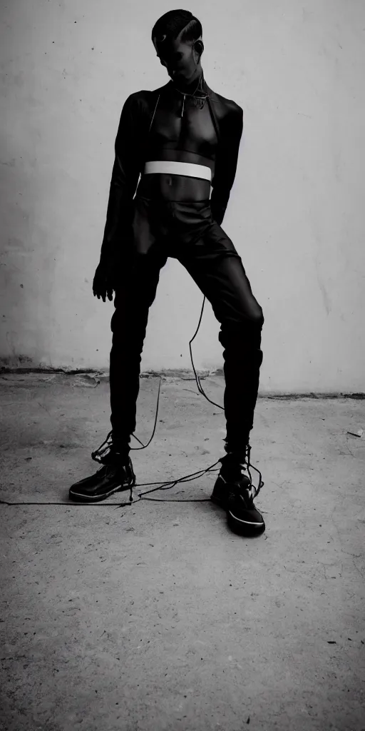 Image similar to fashion photography of a poc queer model wearing uy studio, inside berghain, berlin fashion, harnesses, dark outfit, photo 3 5 mm leica, hyperdetail, minimal fashion, total black outfit, stone table, minimalism, 8 k, very detailed