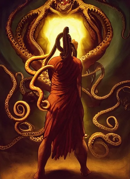 Prompt: modern movie poster with a young short haired strong ancient greek warlock with magic lovecraftian tentacles in the background, dungeons and dragons artwork, award winning art, cinematic light, dynamic composition, concept art, epic design, highly detailed, dramatic lighting, digital painting, masterpiece, realistic anatomy, by leonardo da vinci, raphael, artgerm, greg rutkowski, vibrant colors