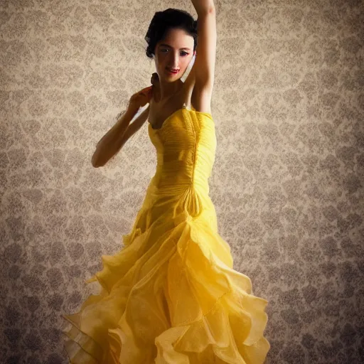 Prompt: a woman in a yellow organza dress dancing, ultra realistic, intricate, elegant, highly detailed, studio photo, smooth, sharp, focus,