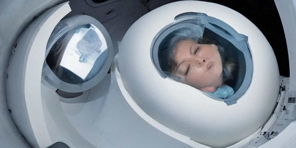 Image similar to a close-up of Ripley sleeping inside an all-white cryogenic sleeping pod by Ridley Scott, Alien movie, grainy, bluish and cream tones