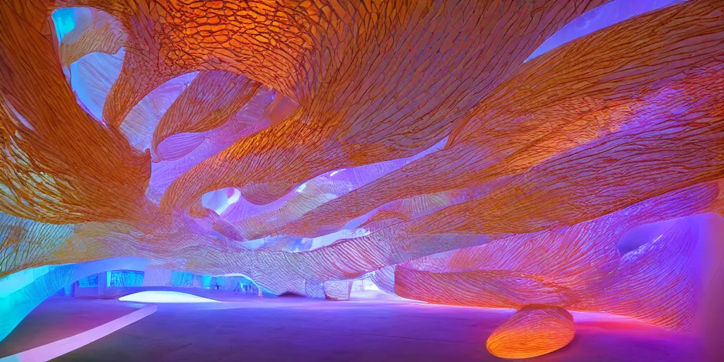 Image similar to extremely detailed awe stunning beautiful futuristic smooth curvilinear museum interior, translucent gills, hyper real, 8k, colorful, 3D cinematic volumetric light, atmospheric light