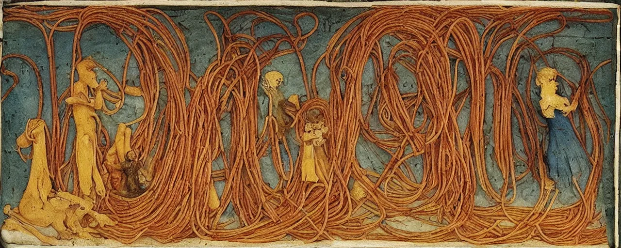 Image similar to ancient manuscripts detailing spaghetti, in the style of grimm's fairytales, fine detail, kodachrome