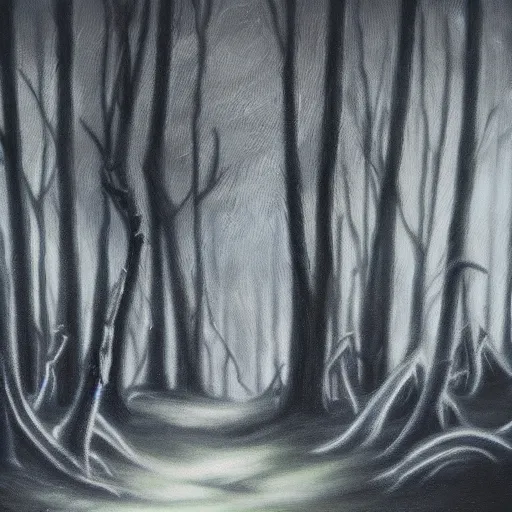 Image similar to haunted forest, eerie, glowing, shadowy, oil painting high detail