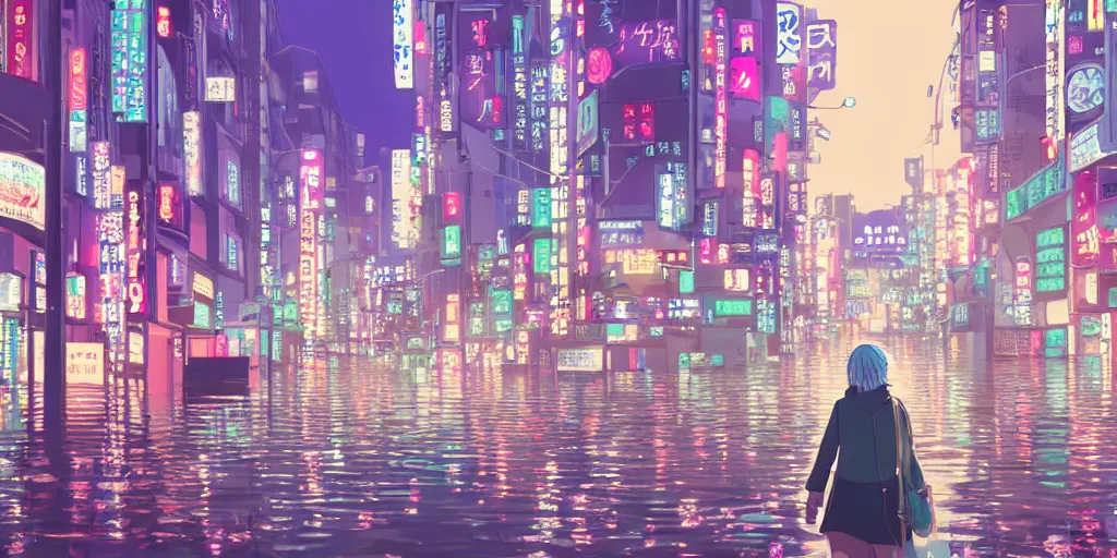 white haired girl walking in a vibrant flooded tokyo | Stable Diffusion ...