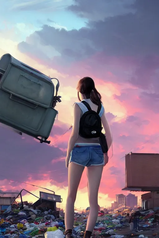 Image similar to wide photo of young woman beauty in mini short with backpack looking at food at garbage dump, destroyed cars, city is pure wasteland, moody sunset background, rays of sunlights, ( ( ( rainbow ) ) ), high details, sharp, photorealism, greg rutkowski, artgerm, unreal engine, highly detailed