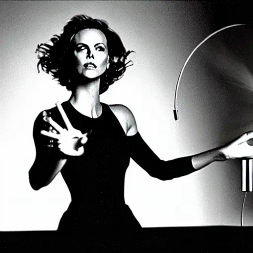 Image similar to charlize theron waving her arms over a theremin. behind her is a jacob's ladder spark generator with big electric arcs. german expressionism, dramatic and moody