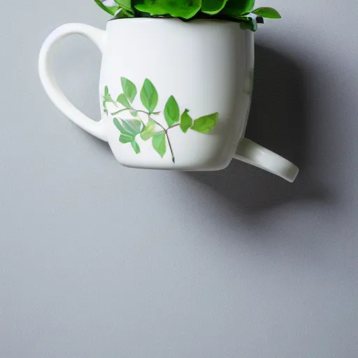 Image similar to ceramic mug surrounded by white flowers and green leaves, soft clean zen minimalist, white background, brightly lit, cool crisp