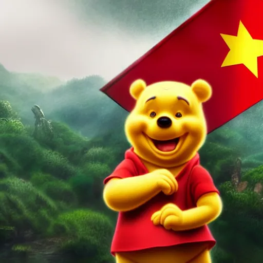 Image similar to hyperrealistic, hdr, 4 k, 8 k, photograph, cinematic lighting, moody overtones, drawing of winnie the pooh in china, with a chinese flag behind him