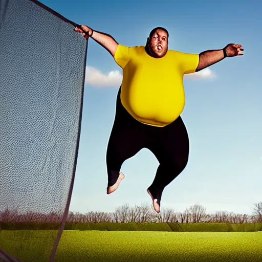 Prompt: a morbidly obese man jumping on a trampoline