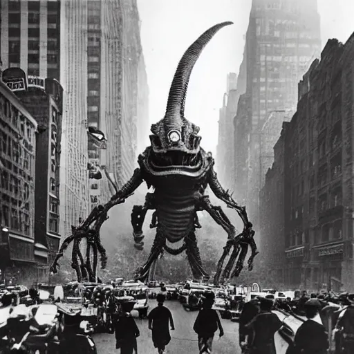 Prompt: old black and white photo, 1 9 1 3, depicting a giant biomechanical alien monster kaiju robot fighting the army through the bustling streets of new york city, historical record