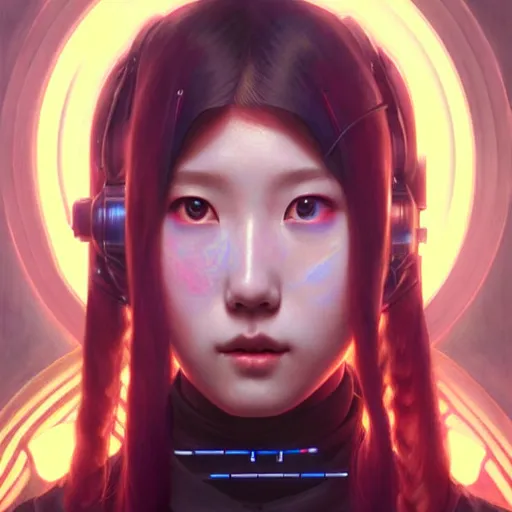 Prompt: painting of cyberpunk chuu loona kpop smiling cheerfully and fixing her black katana, ultra realistic, concept art, intricate details, eerie, highly detailed, photorealistic, octane render, 8 k, unreal engine. art by artgerm and greg rutkowski and magali villeneuve and alphonse mucha