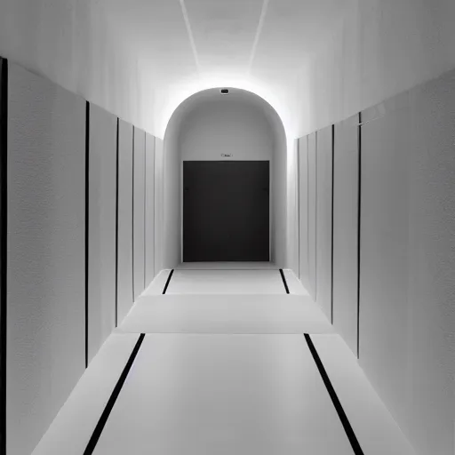 Image similar to an underground pool that leads into a curved hallway, all white ceramic tiles, dark lighting, surreal, liminal space,