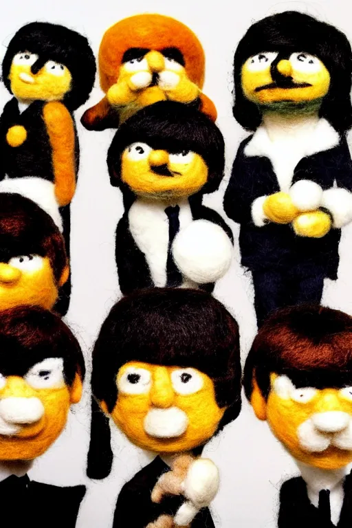 Prompt: needle felted beatles group playing music