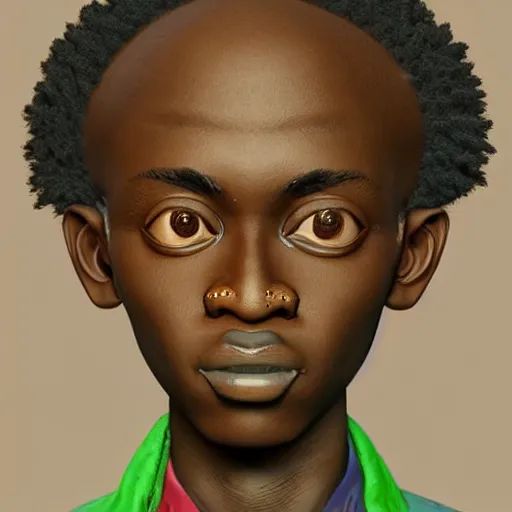 Image similar to colourful cupper half - portrait - art of a nigerian boy in claymation style, art by utagawa kunisada & james jean, symmetrical, intricate detail, concept art, volumetric light, global illumination, ray tracing, claymation, sharp, pinterest, behance, art station,