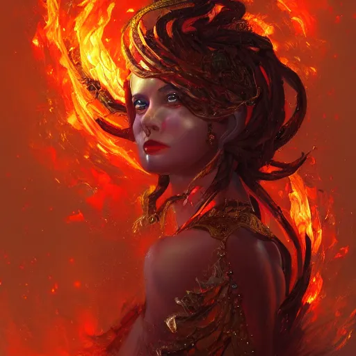 Image similar to A stunning painting of a fire goddess by Andrews Esao, fantasy, Trending on artstation.