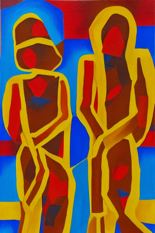 Image similar to neo cubistic painting of two tall figures, sandy yellow colors, in the style of Jessalyn Brooks