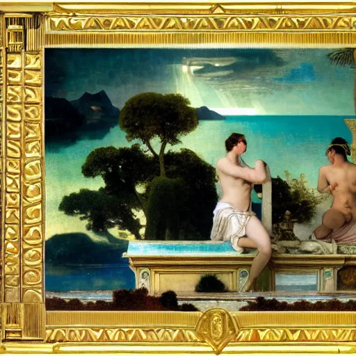 Image similar to The palace on the clouds, moon reflecting on the water, thunderstorm, greek pool, beach and Tropical vegetation on the background major arcana sky, by paul delaroche, alphonse mucha and arnold böcklin, hyperrealistic 8k, award-winning, very very very detailed