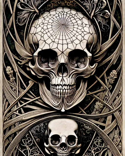 Image similar to art forms of nature by ernst haeckel, memento mori by arthur rackham, ornate antique porcelain beautiful skull mask, ultrasharp, photorealistic, hyperdetailed, octane render, polished, art nouveau, neo - gothic, gothic, intricate ornamental organic filigree, art nouveau botanicals, art forms of nature by ernst haeckel, horizontal symmetry, symbolist, visionary