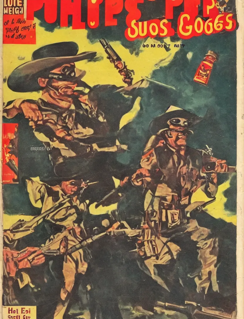 Prompt: 1950s pulp magazine featuring Hot Shots Megee a gunslinger cowboy who wears a Lone Ranger mask, detailed