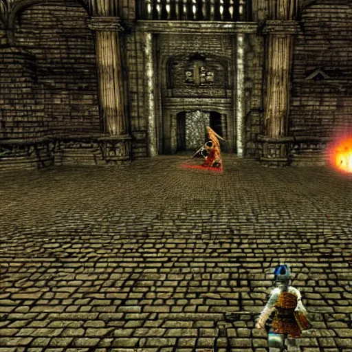 Image similar to gameplay screenshot of the game dark souls in the style of super mario 6 4, a dark souls final boss battle in anor londo in the style of super mario 6 4