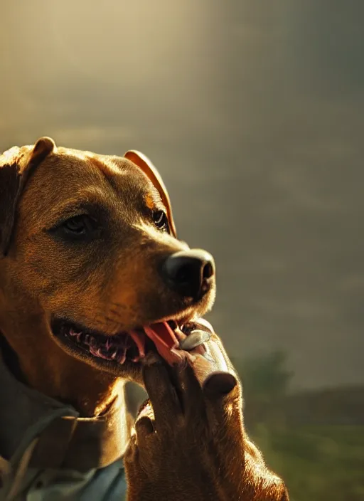 Prompt: closeup portrait of a hunting terrier smoking a cigare, depth of field, zeiss lens, detailed, centered, by Annie Leibovitz and Steve McCurry, David Lazar, Jimmy Nelsson, Breathtaking, 8k resolution, extremely detailed, beautiful, establishing shot, artistic, hyperrealistic, beautiful face, octane render