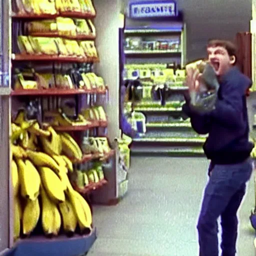 Prompt: cctv footage of Micheal Cera robbing a store with a banana