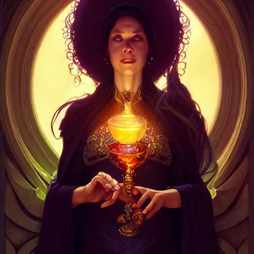 Prompt: Portrait of female sorceress with a goblet with a glowing potion in it, epic dark fantasy, medium shot, intricate, elegant, highly detailed, digital painting, artstation, concept art, smooth, sharp focus, illustration, art by artgerm and greg rutkowski and alphonse mucha