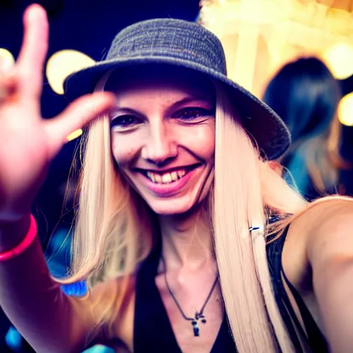 Image similar to skinny blond reporter with long deadlocks takes a smiling selfie in front a rave, winking at the camera, high detail, full focus, time magazine 2 0 2 2