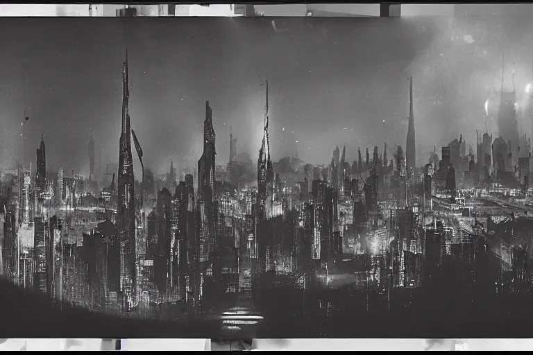 Prompt: cyberpunk 1 9 2 6 bugatti type 3 5 by paul lehr, metropolis, view over city, vintage film photo, damaged photo, scratched photo, scanned in, old photobook, silent movie, black and white photo