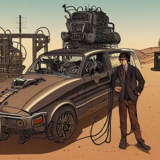 Prompt: a man standing next to a car in desert, brutalist city, dieselpunk style, steampunk, jean giraud, moebius, francois schuiten, illustration, drawing, painting, clean lines, digital art, detailed, artstation, hd, 8 k, 4 k