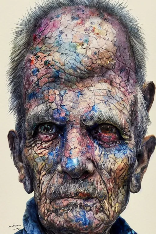 Prompt: portrait of a very old man with aquarelle painted skin. close up, very dark bluish hair, light eyes, intricate dark flowers pattern everywhere, high detail, by Eddie Mendoza