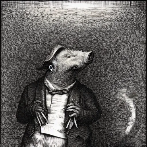 Image similar to a pig in a tuxedo, chiaroscuro, illustration by Gustave Doré,