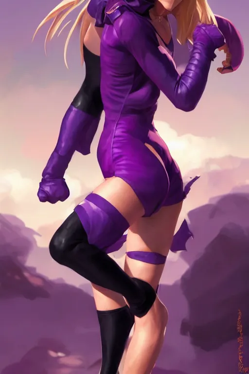 Image similar to fighter anime Cameron Diaz with purple leotard, long black hair wearing fighting cuffs in a fighting stance, digital painting, artstation, concept art, soft light, hdri, smooth, sharp focus, illustration, art by tian zi and craig mullins and WLOP and alphonse mucha