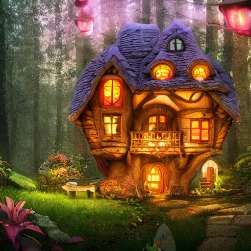 Prompt: A fairy tale toadstool-style house in magical forest, cinematic lighting, photo realistic image, 4K, super detailed, cinematic look, H 1024