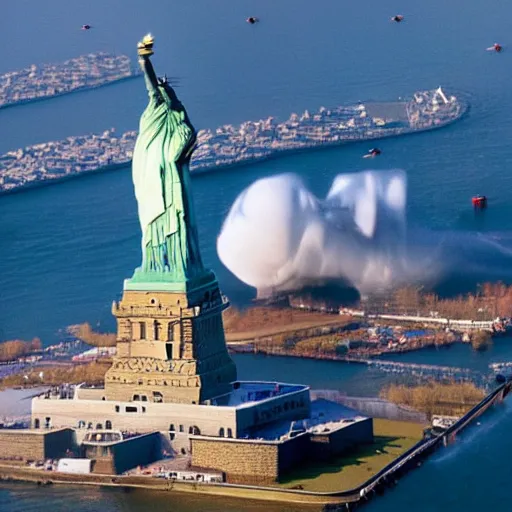 Image similar to disaster photography, of giant zeppelin crashing in to the statue of liberty, full color, insane explosion, 8k, hd, high resolution