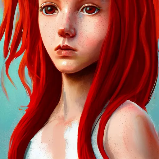 Image similar to portrait of a teen girl with freckles with long red hair and bright brown eyes, 8 k, highly detailed, digital painting, artstation, sharp focus, illustration