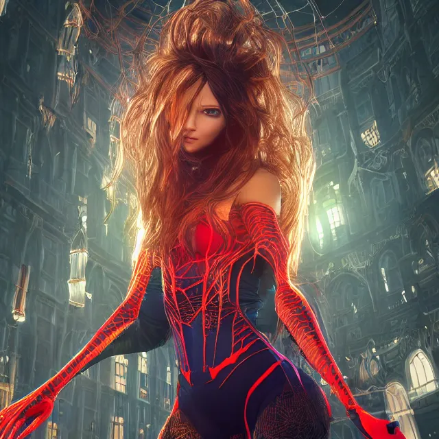 Image similar to spiderwoman, centred, very long hair, hd, hyperdetailed illustration by irakli nadar, intricate linework, bright colors, octopath traveler, final fantasy, unreal engine 5 highly rendered, global illumination, radiant light