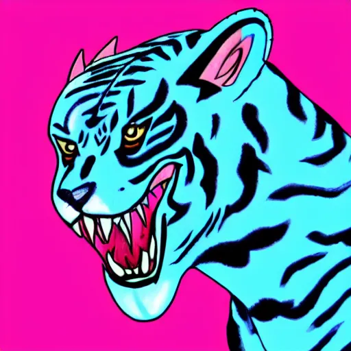 Image similar to drawing of blue tiger head growling looking to the right with hot pink lightning bolt shooting out of its eye to the left