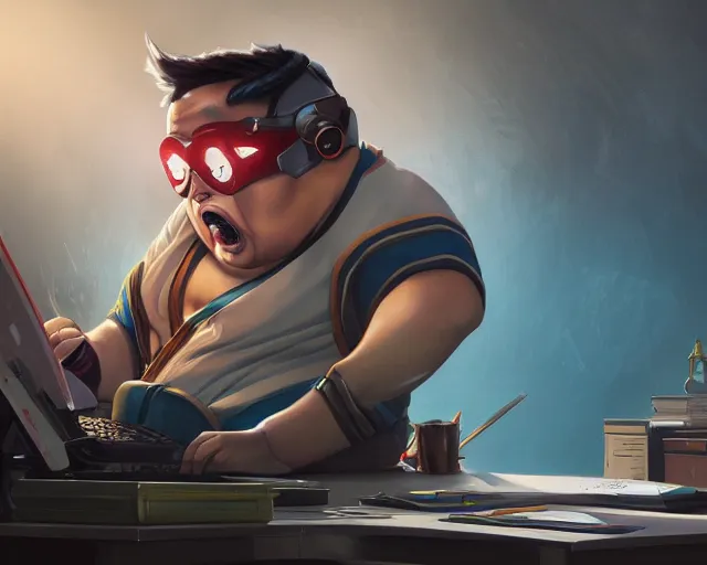 Image similar to an insanely detailed painting of a slightly chubby, nerdy asian man wearing a superhero costume and mask, sitting at a desk, staring at the nervously at the computer and typing, in the style of peter mohrbacher, dramatic lighting and composition, octane render, trending on artstation, concept art, comic book, view from behind