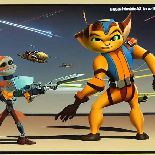 Image similar to ralph mcquarrie concept art for ratchet & clank